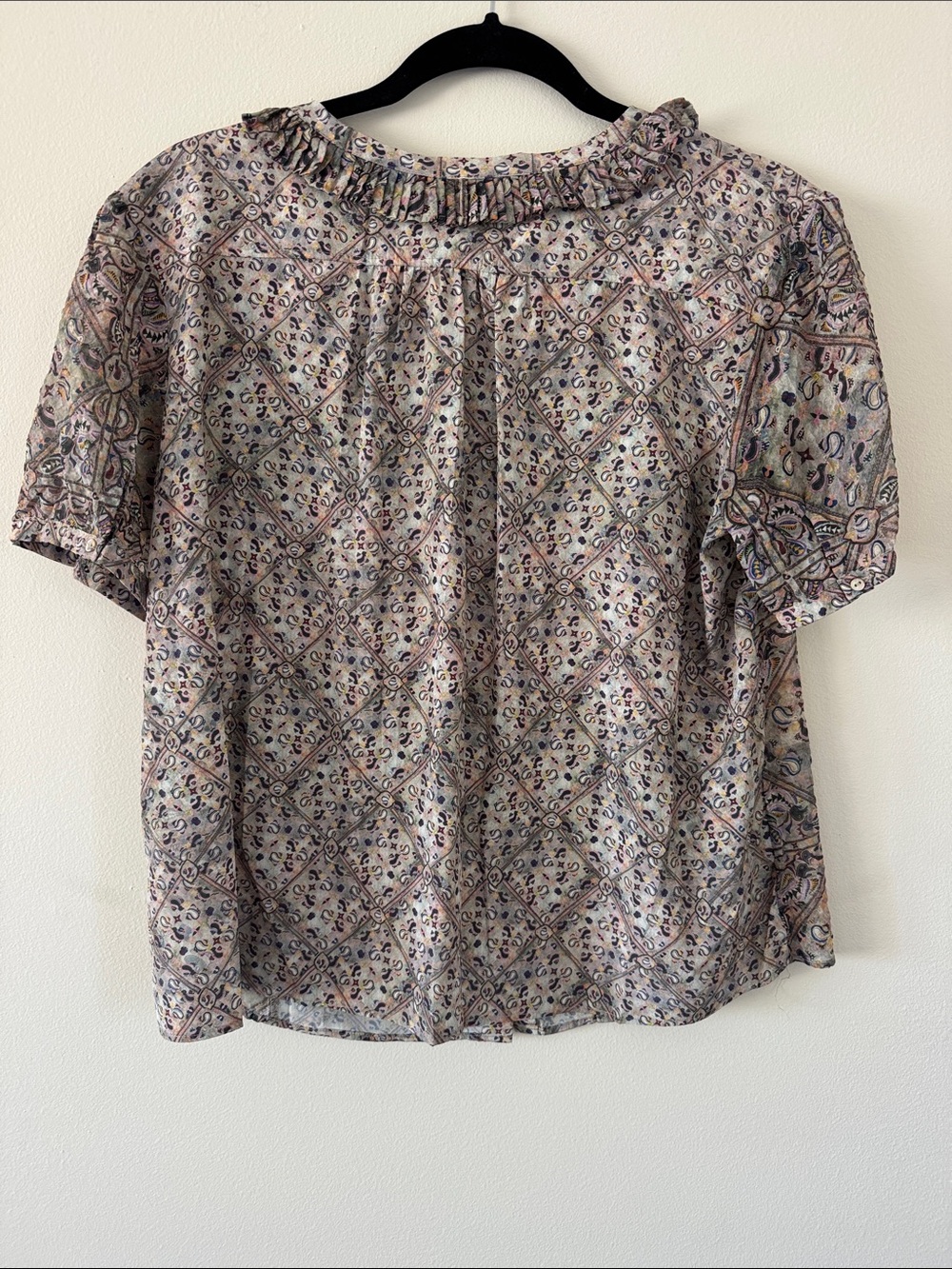 Sage Green Patterned Button-Front Ruffle-Neck Blouse - Picture 4 of 5